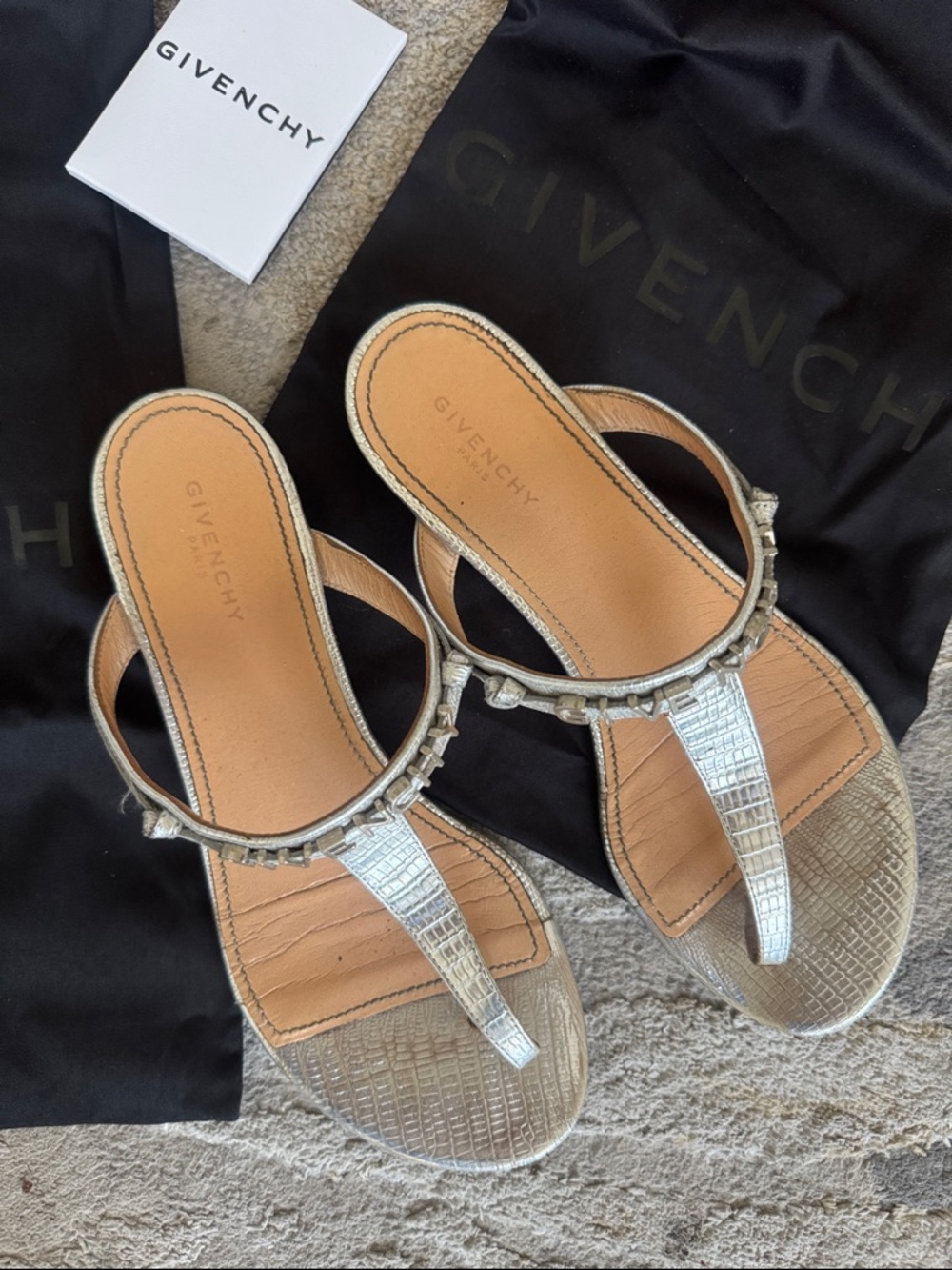 Givenchy Silver Croc-Embossed Thong Sandals with Crystal Trim - Picture 4 of 6